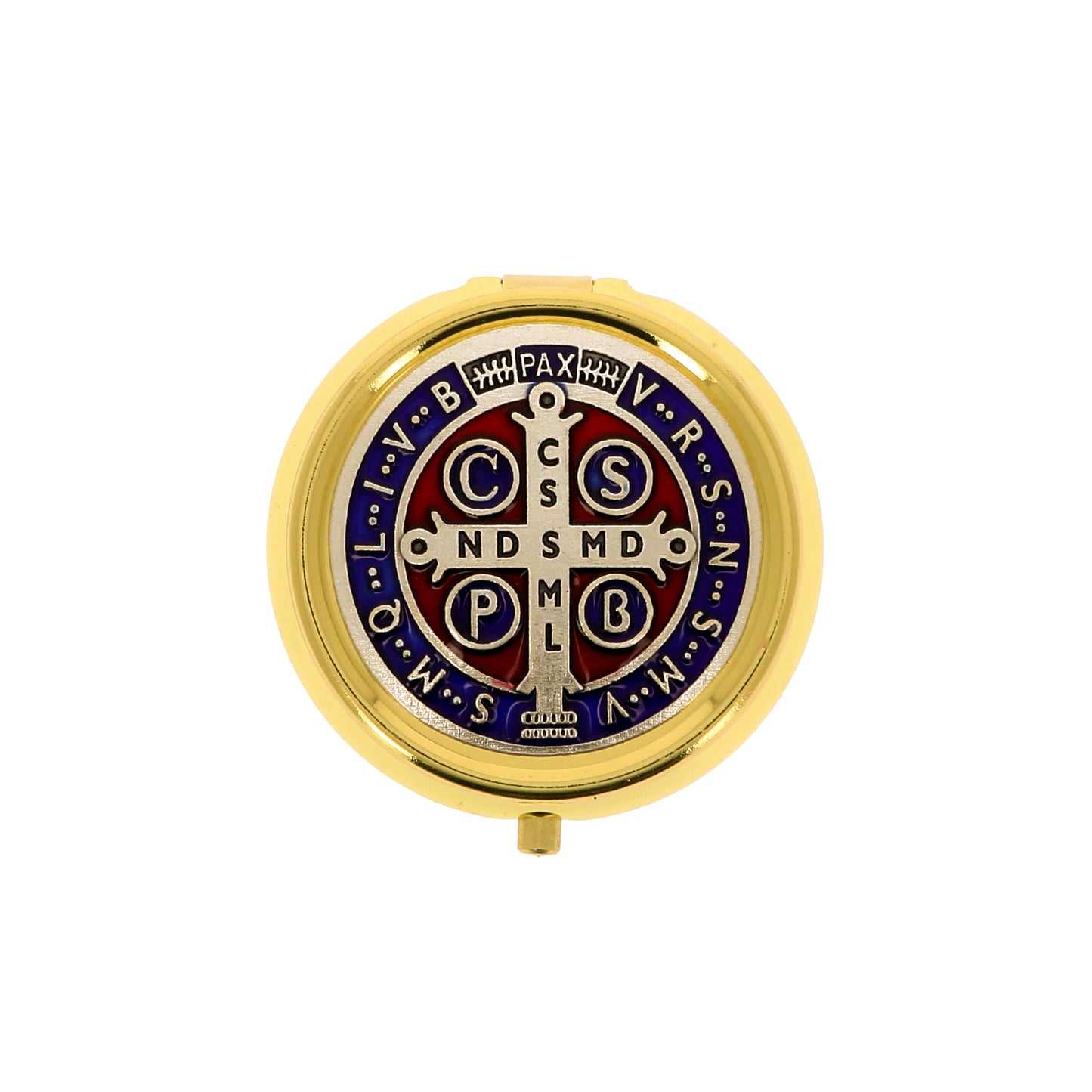 Portarosario in metallo con placca medaglia S.Benedetto e rosario abbinato. Diametro 4,5 cm