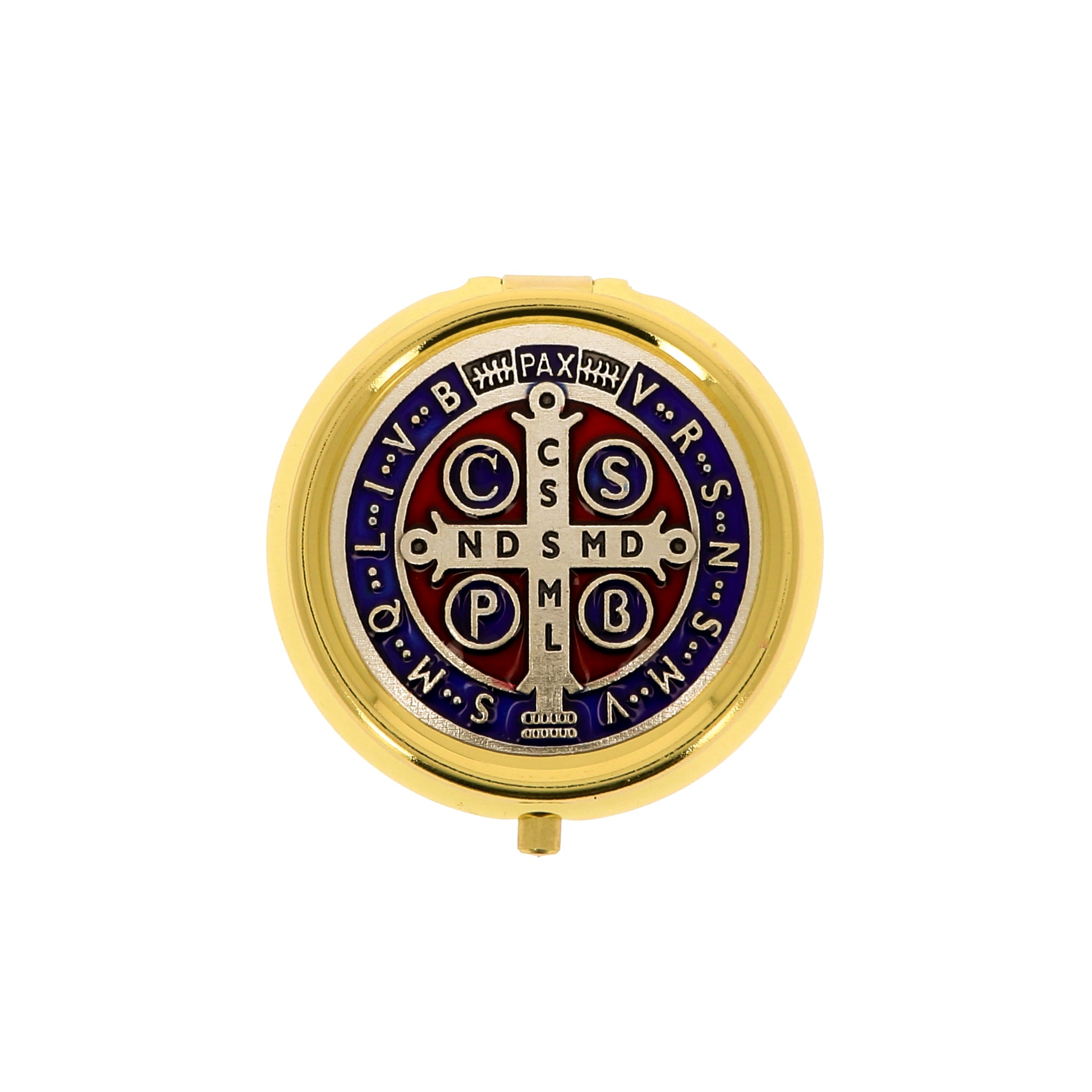 Portarosario in metallo con placca medaglia S.Benedetto e rosario abbinato. Diametro 4,5 cm
