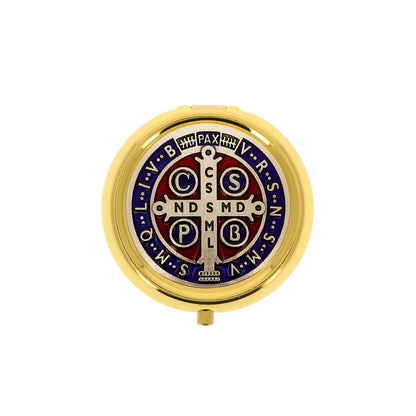 Portarosario in metallo con placca medaglia S.Benedetto e rosario abbinato. Diametro 4,5 cm