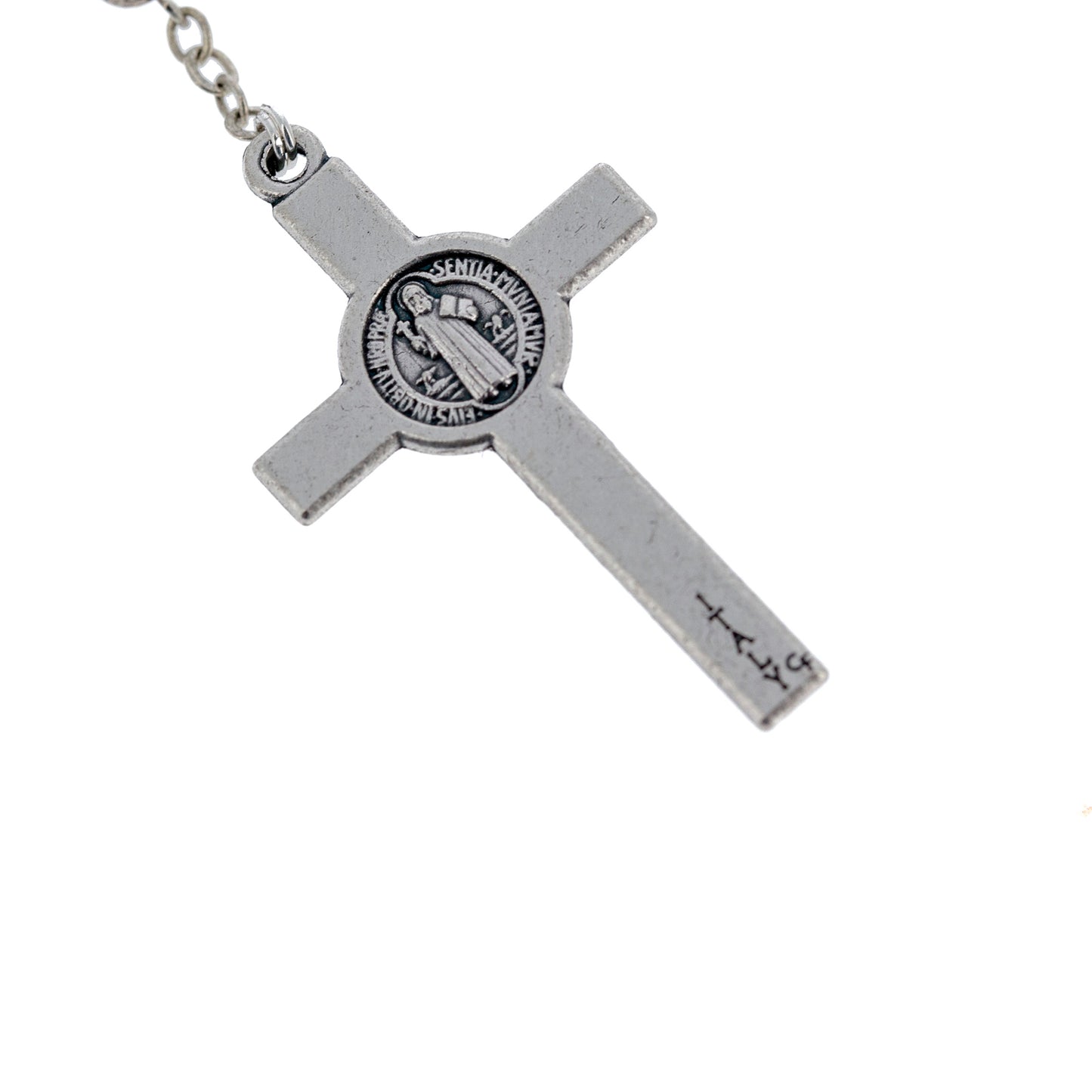Portarosario in metallo con placca medaglia S.Benedetto e rosario abbinato. Diametro 4,5 cm