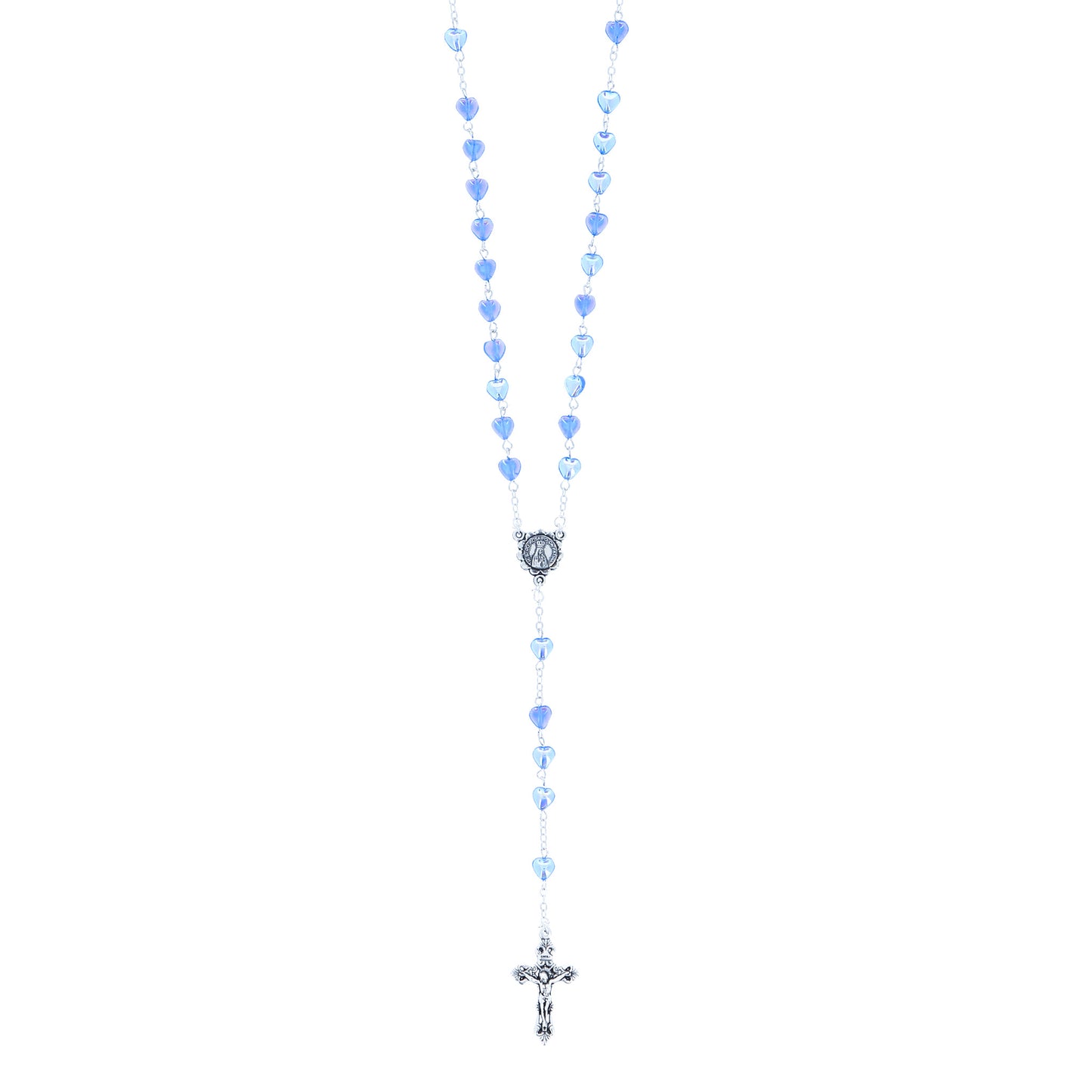 Rosario con grani a cuore 6 mm celeste trasparente