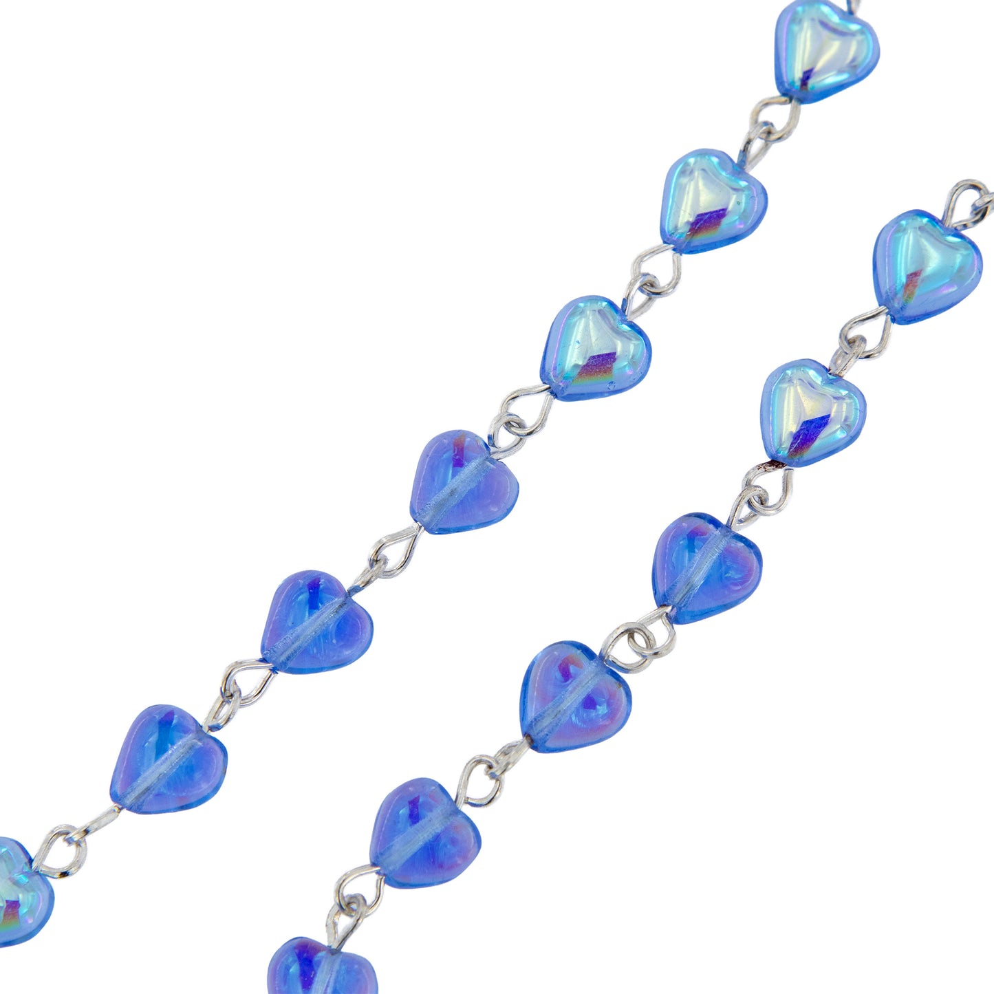 Rosario con grani a cuore 6 mm celeste trasparente