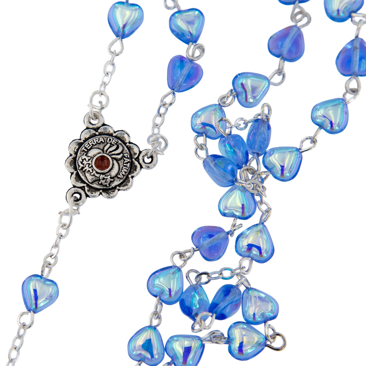 Rosario con grani a cuore 6 mm celeste trasparente