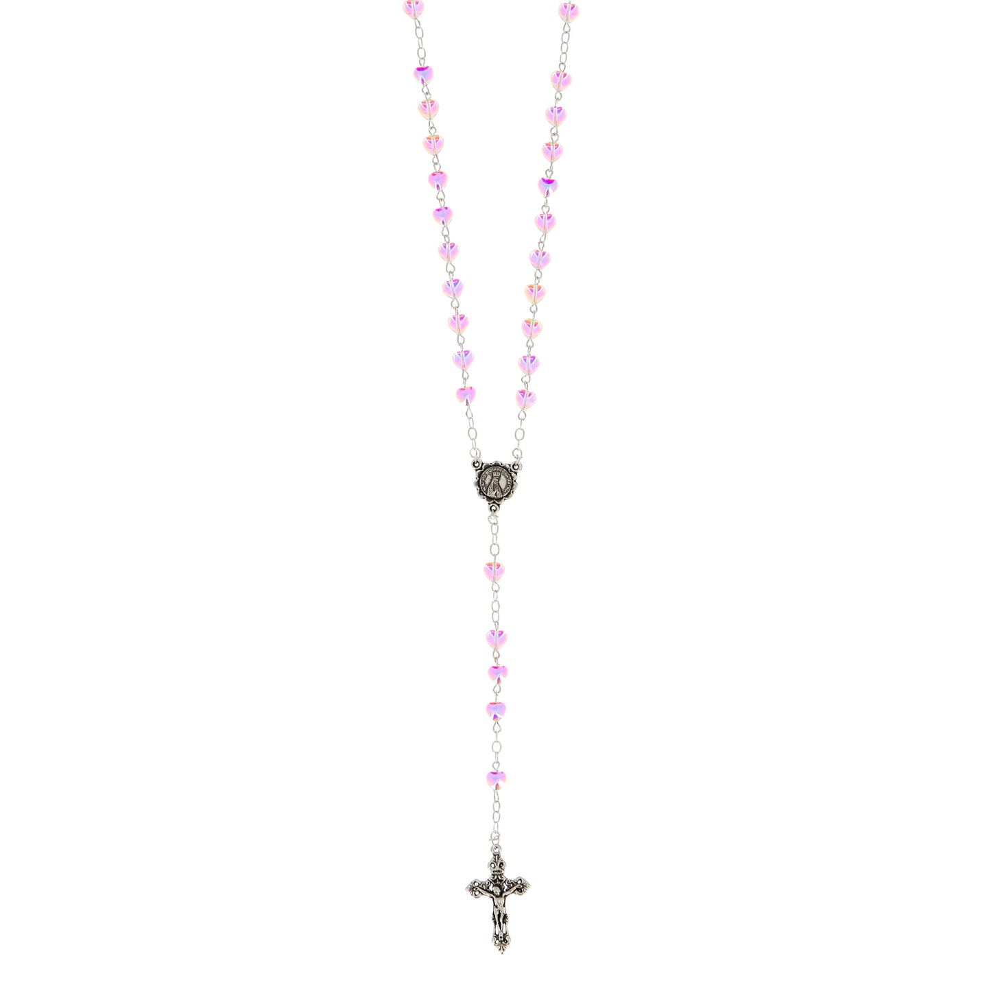 Rosario in vetro con grani a cuore 6 mm rosa trasparente