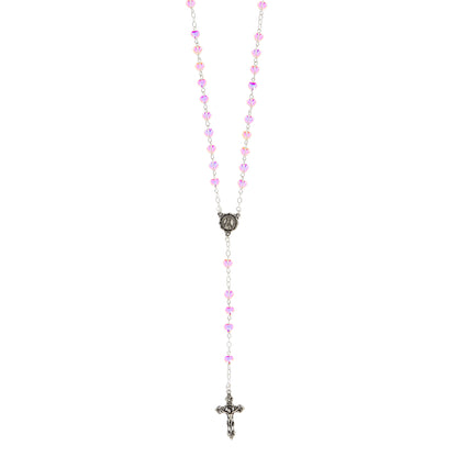 Rosario in vetro con grani a cuore 6 mm rosa trasparente