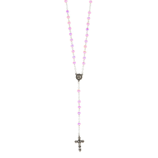 Rosario in vetro con grani a cuore 6 mm rosa trasparente