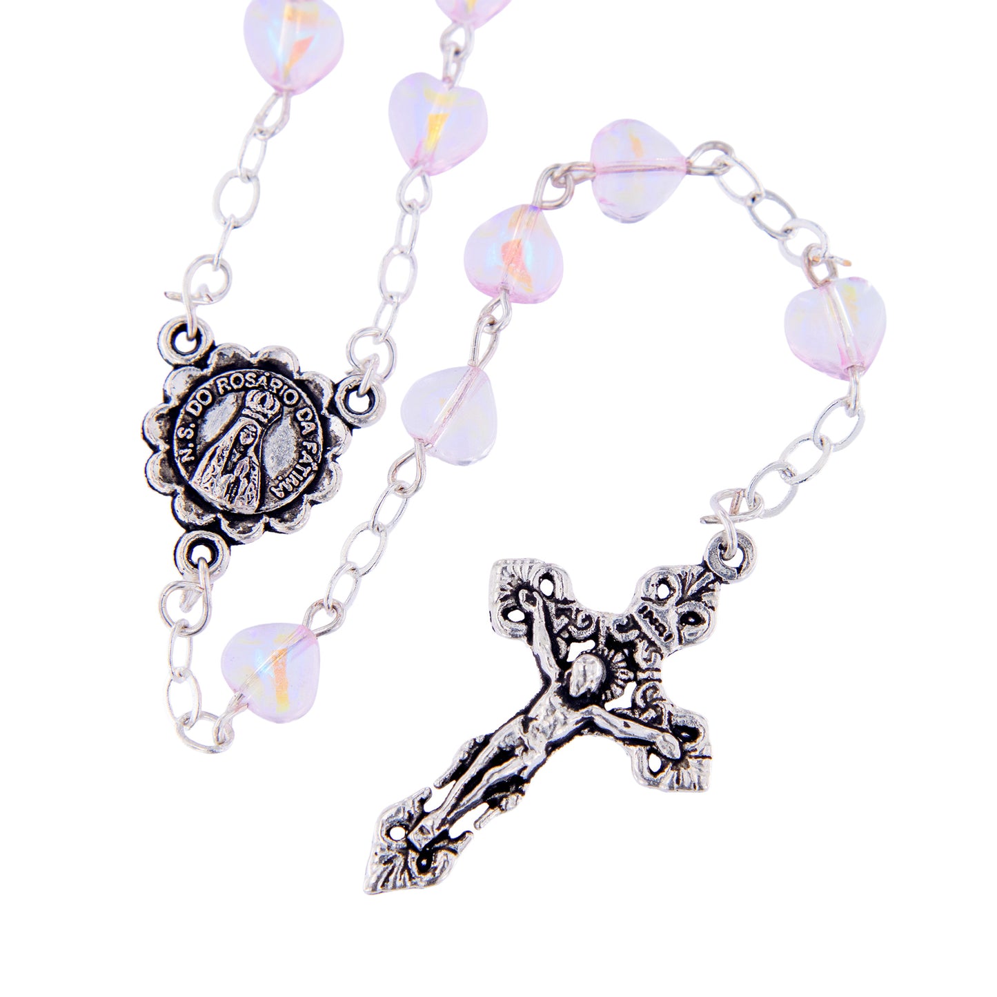 Rosario in vetro con grani a cuore 6 mm rosa trasparente