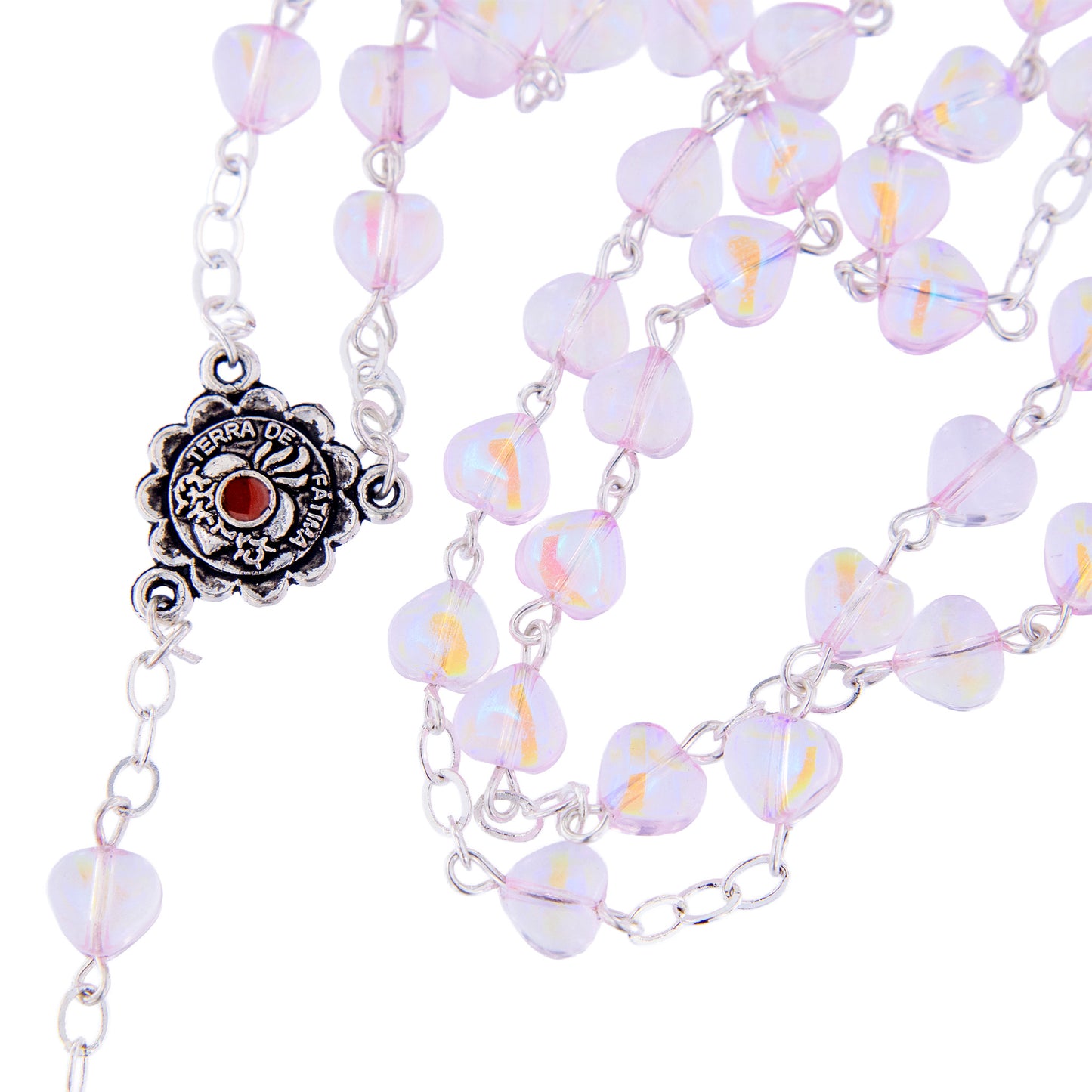Rosario in vetro con grani a cuore 6 mm rosa trasparente