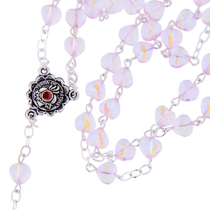 Rosario in vetro con grani a cuore 6 mm rosa trasparente