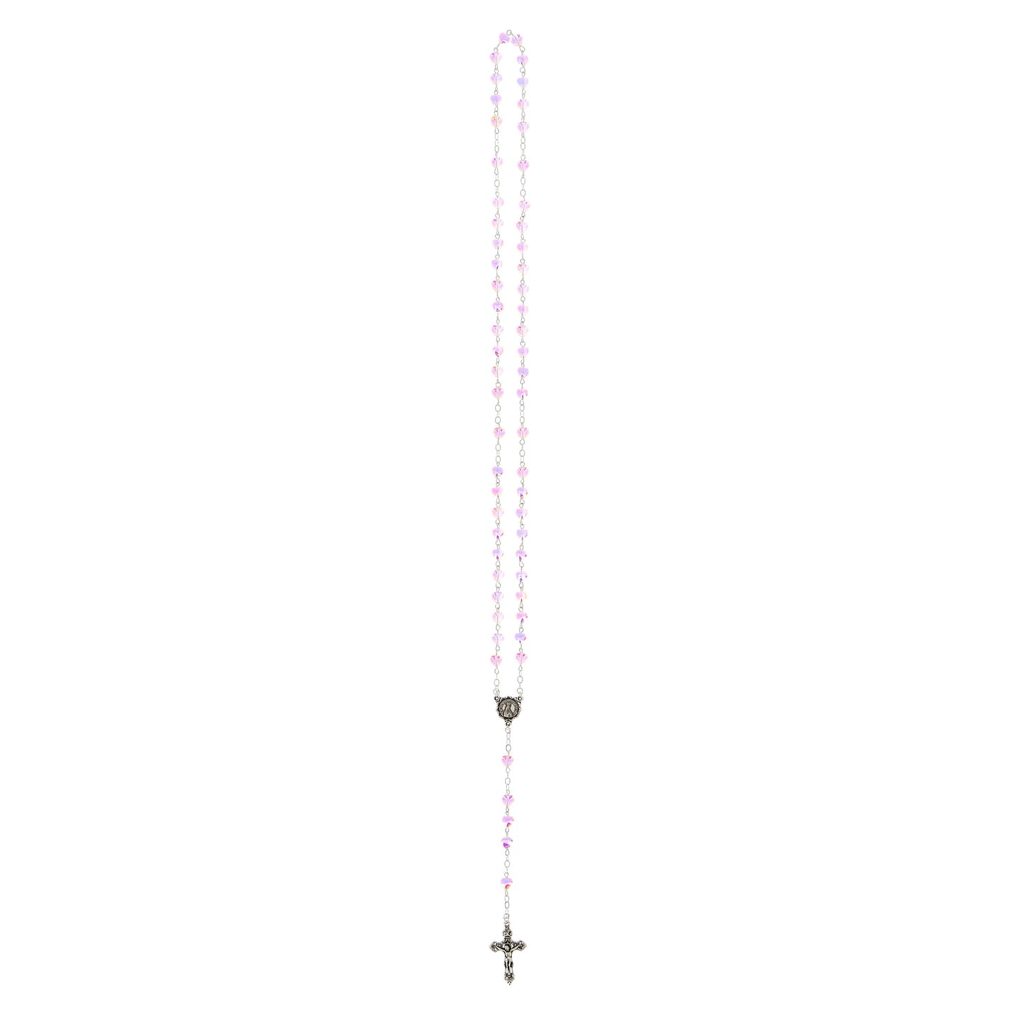 Rosario in vetro con grani a cuore 6 mm rosa trasparente