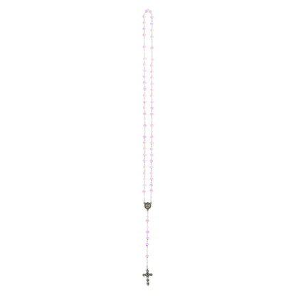 Rosario in vetro con grani a cuore 6 mm rosa trasparente