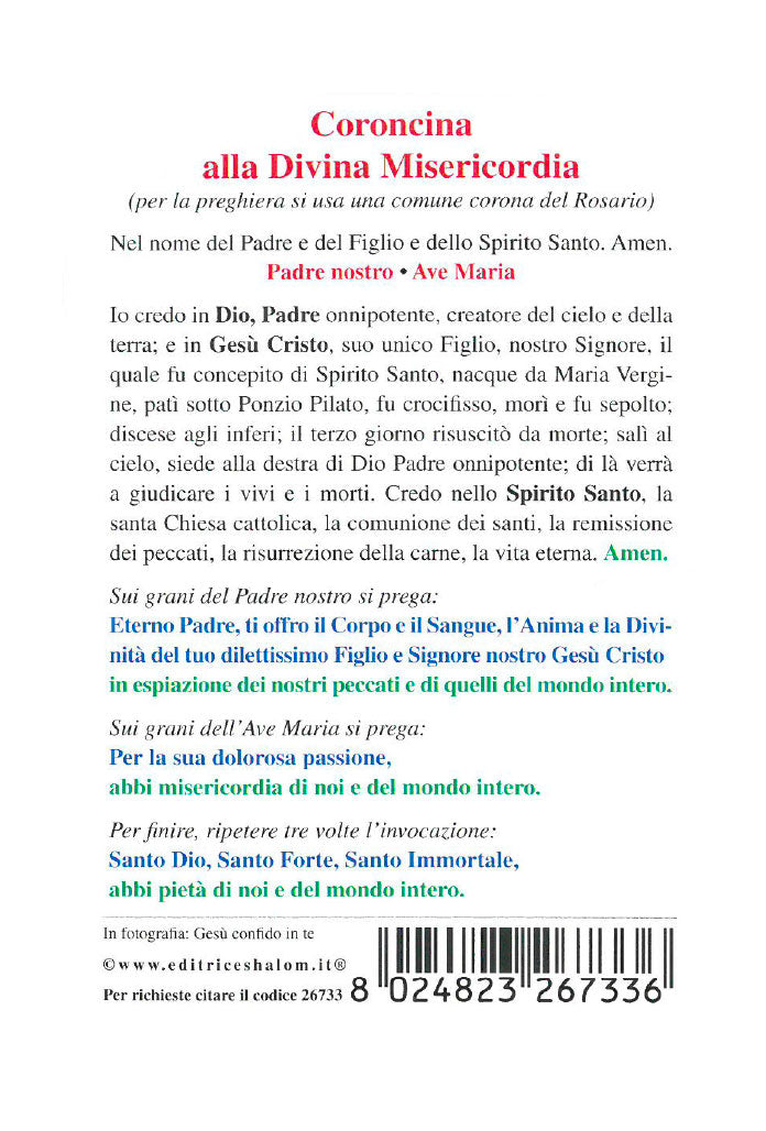 Santino Gesù confido in te (dipinto di Dawid Kownacki). Sul retro "Coroncina Divina Misericordia"