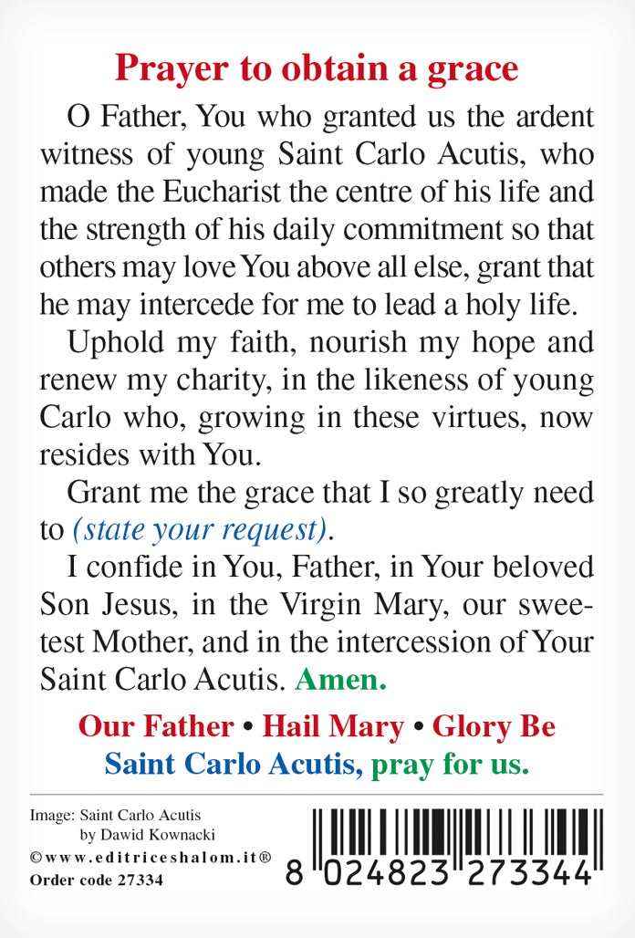 Prayer card to Saint Carlo Acutis with Prayer to obtain a grace