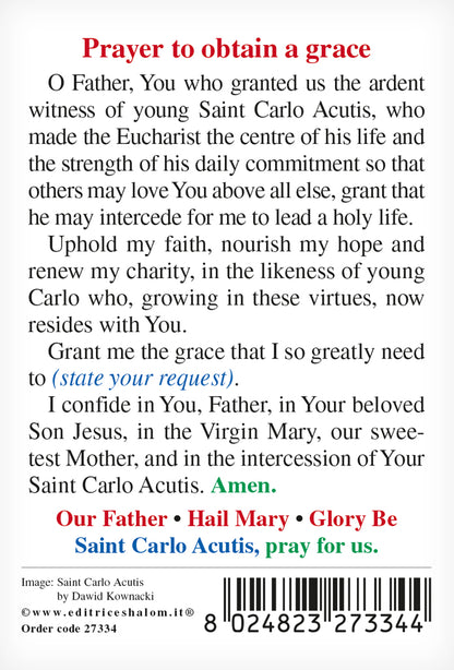 Prayer card to Saint Carlo Acutis with Prayer to obtain a grace