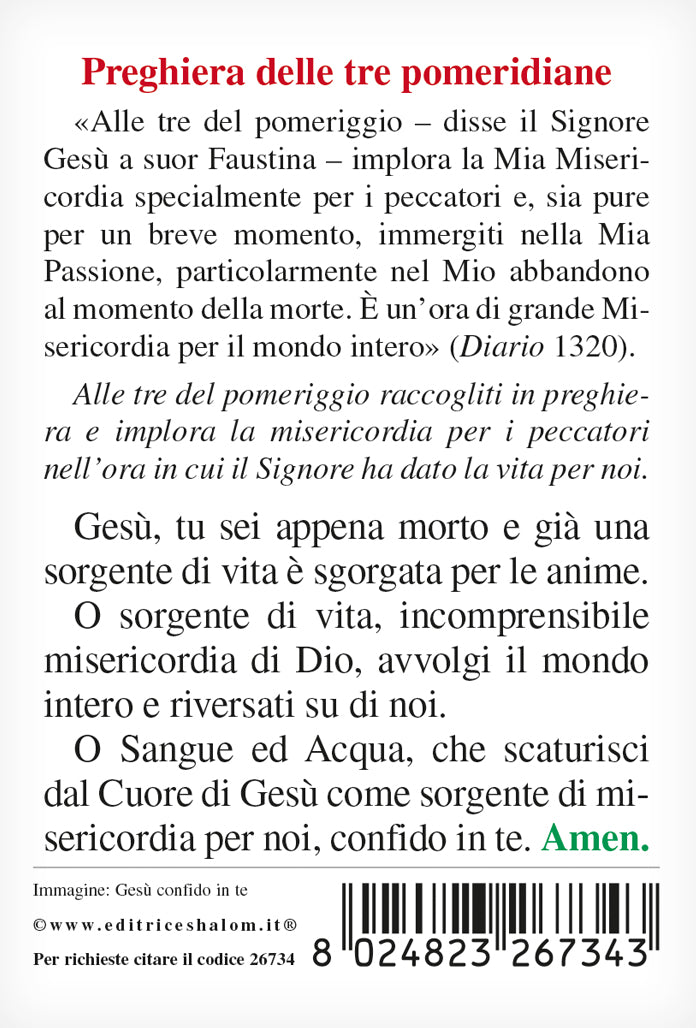 Santino Gesù Confido in Te con retro "Preghiera delle tre pomeridiane"