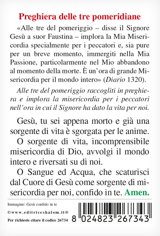 Santino Gesù Confido in Te con retro "Preghiera delle tre pomeridiane"