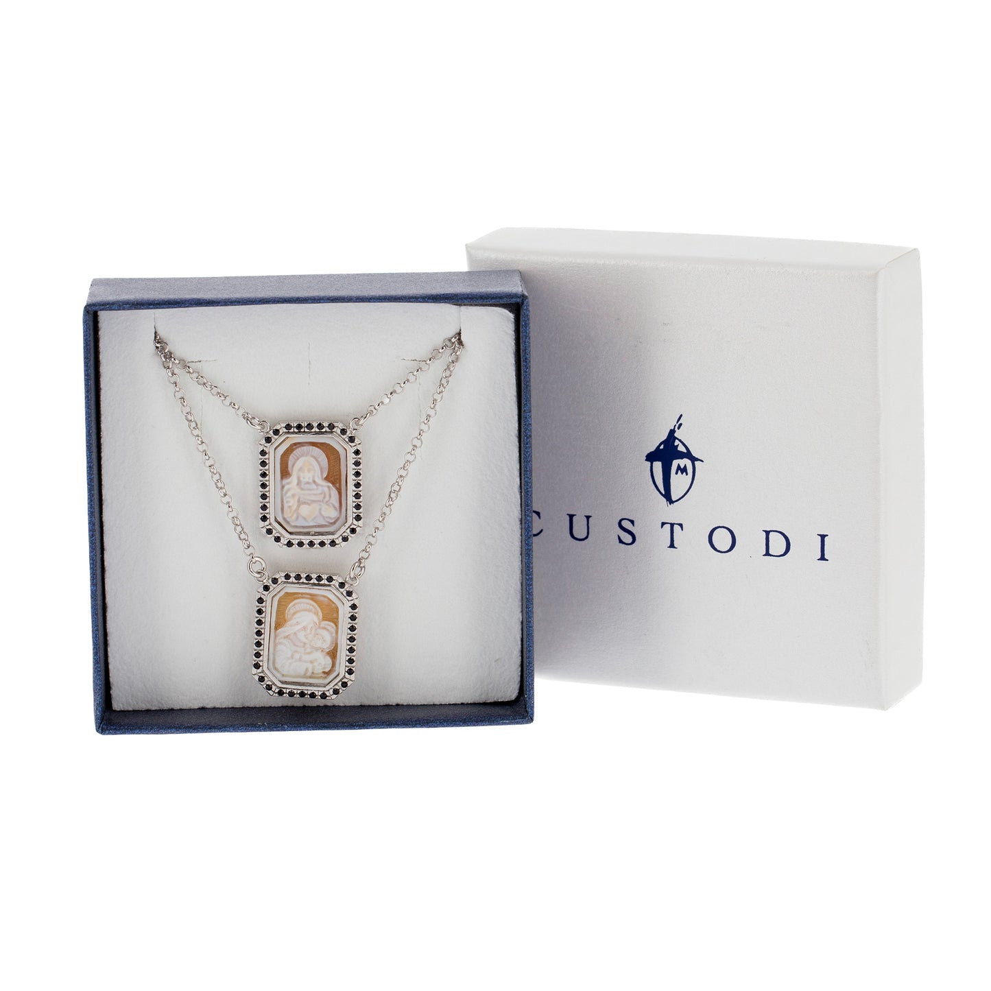 Scapolare in argento 925 con zirconi e cammeo

