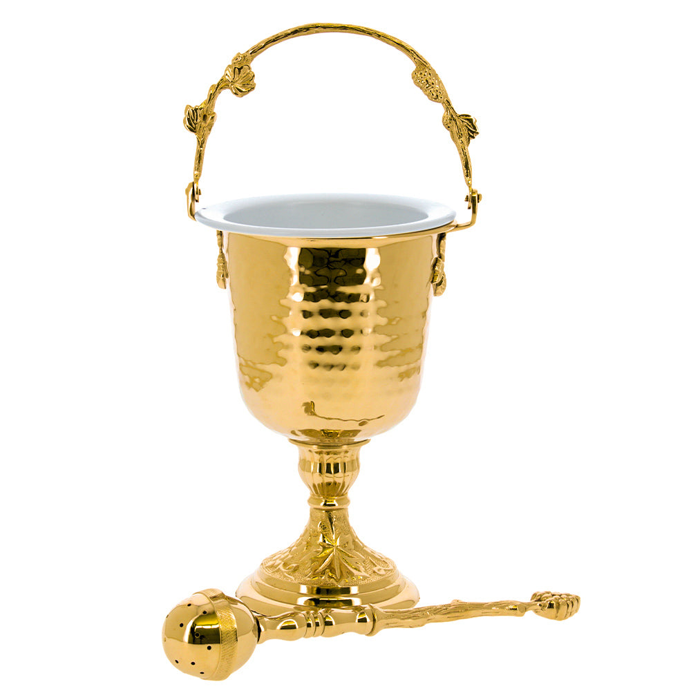 Secchiello con aspersorio per acqua benedetta in ottone dorato – Articolo liturgico per benedizioni – Altezza 35,5 cm