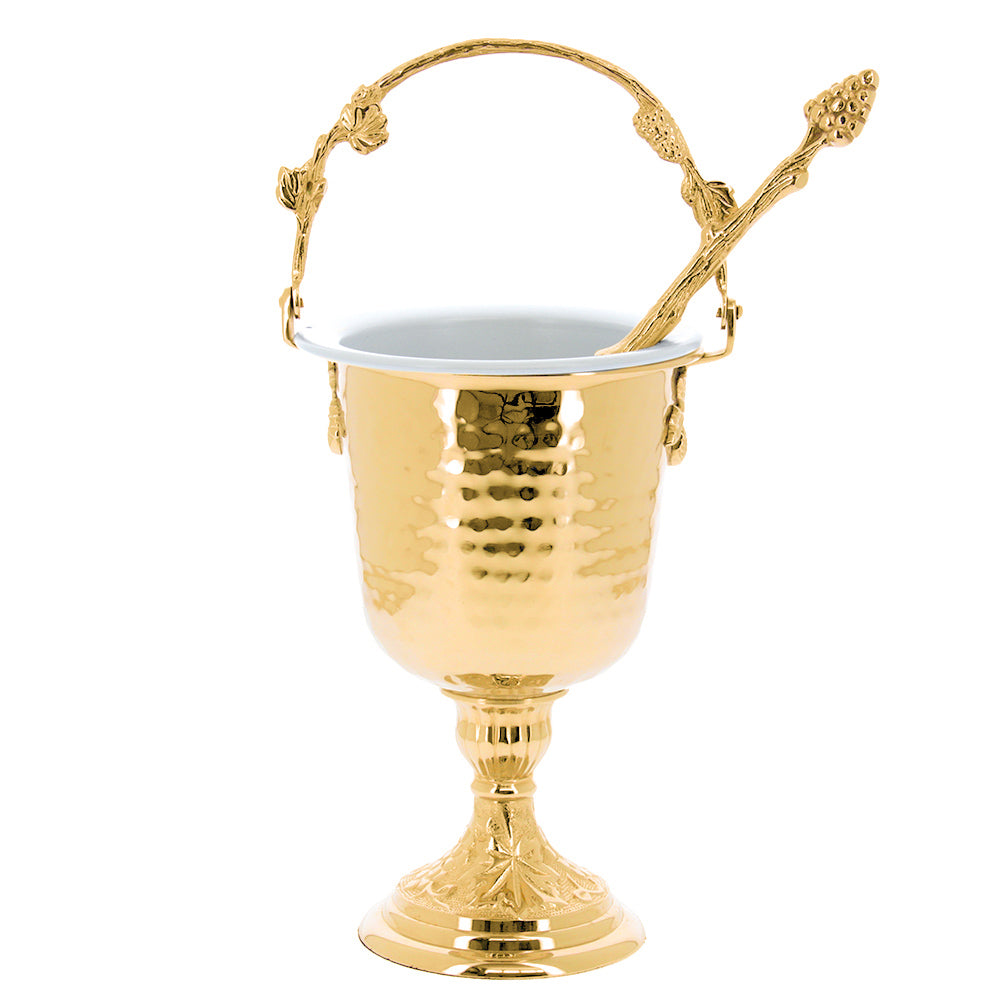 Secchiello con aspersorio per acqua benedetta in ottone dorato – Articolo liturgico per benedizioni – Altezza 35,5 cm