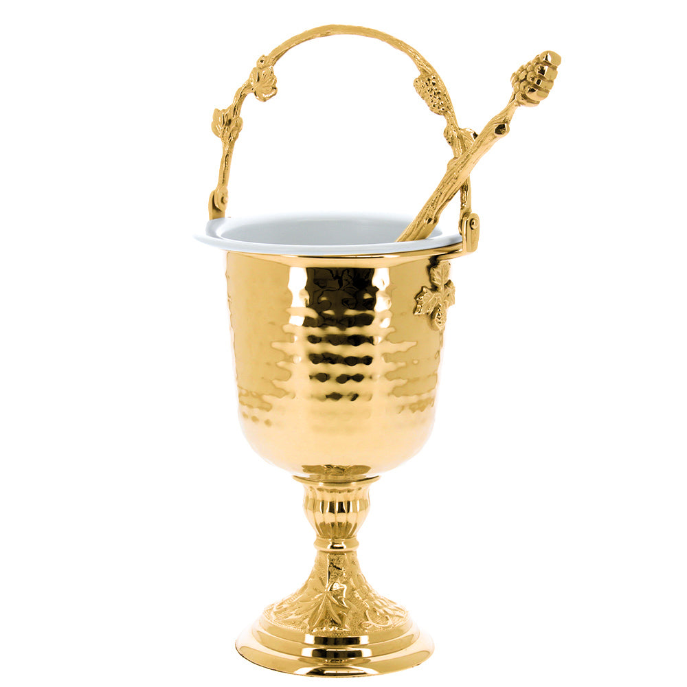 Secchiello con aspersorio per acqua benedetta in ottone dorato – Articolo liturgico per benedizioni – Altezza 35,5 cm