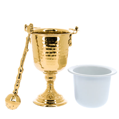 Secchiello con aspersorio per acqua benedetta in ottone dorato – Articolo liturgico per benedizioni – Altezza 35,5 cm
