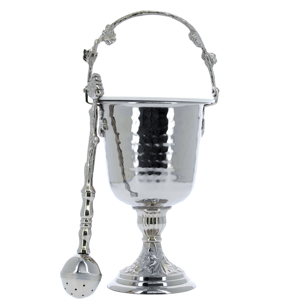Secchiello con aspersorio per acqua benedetta in ottone nichelato – Articolo liturgico per benedizioni – Altezza 35,5 cm