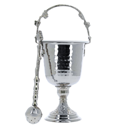 Secchiello con aspersorio per acqua benedetta in ottone nichelato – Articolo liturgico per benedizioni – Altezza 35,5 cm