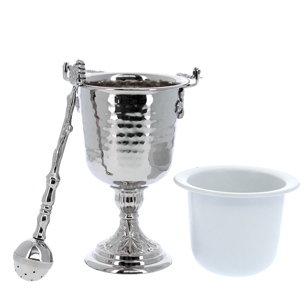 Secchiello con aspersorio per acqua benedetta in ottone nichelato – Articolo liturgico per benedizioni – Altezza 35,5 cm
