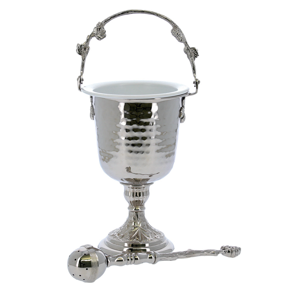 Secchiello con aspersorio per acqua benedetta in ottone nichelato – Articolo liturgico per benedizioni – Altezza 35,5 cm