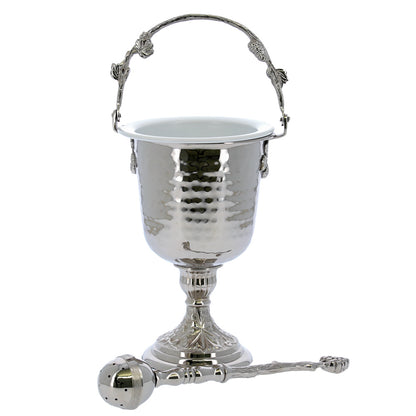 Secchiello con aspersorio per acqua benedetta in ottone nichelato – Articolo liturgico per benedizioni – Altezza 35,5 cm