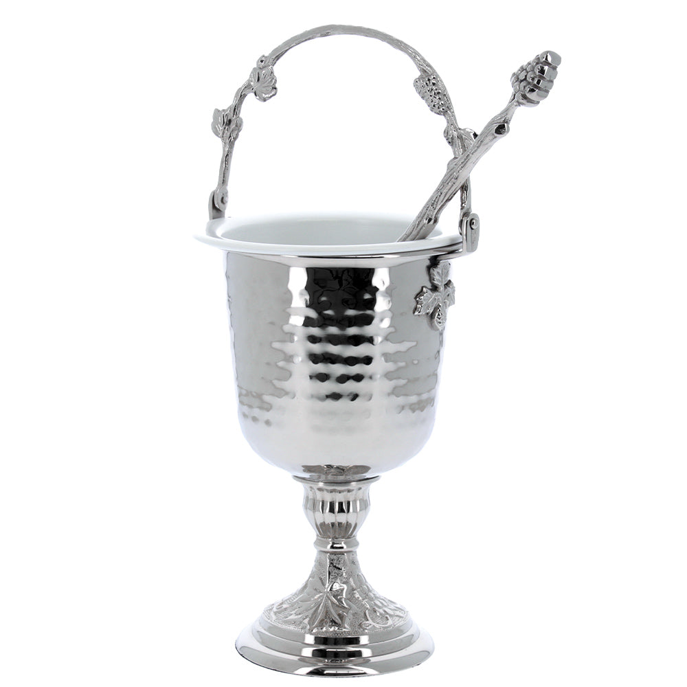 Secchiello con aspersorio per acqua benedetta in ottone nichelato – Articolo liturgico per benedizioni – Altezza 35,5 cm