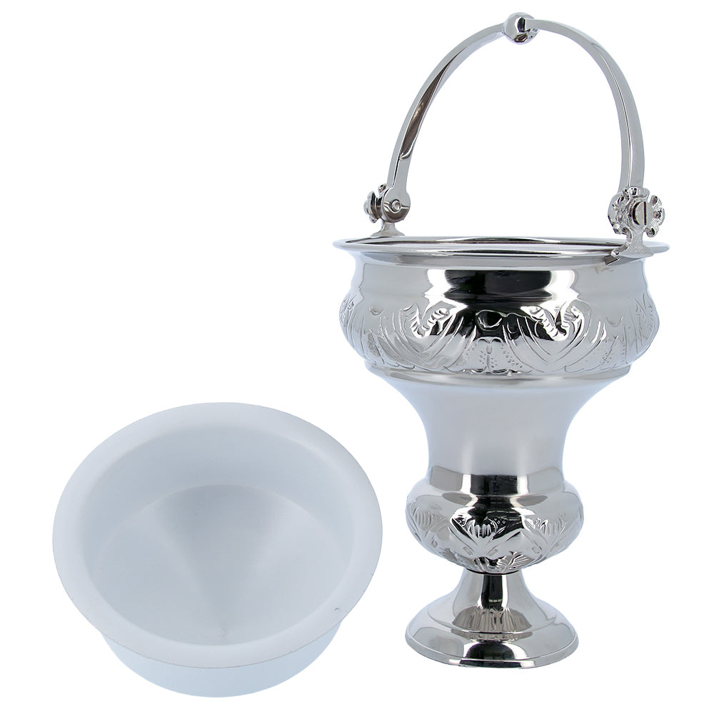 Secchiello con aspersorio per acqua benedetta in ottone nichelato – Articolo liturgico per benedizioni –Altezza 30 cm