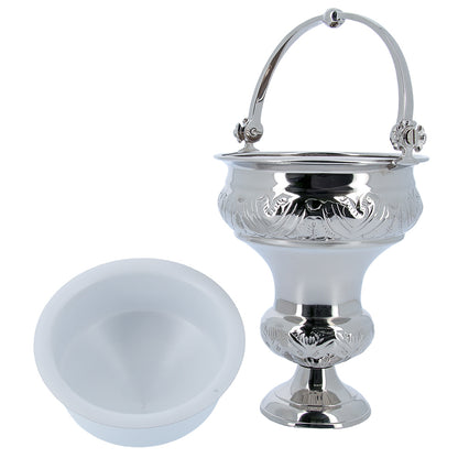 Secchiello con aspersorio per acqua benedetta in ottone nichelato – Articolo liturgico per benedizioni –Altezza 30 cm