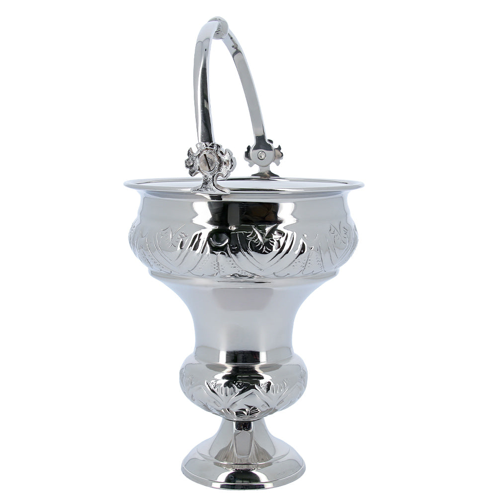 Secchiello con aspersorio per acqua benedetta in ottone nichelato – Articolo liturgico per benedizioni –Altezza 30 cm