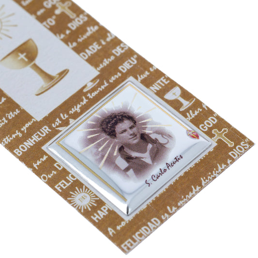 Segnalibro multilingua Carlo Acutis con targhetta in laminato argento e carta semi. Dimensioni 5,5x14,7 cm
