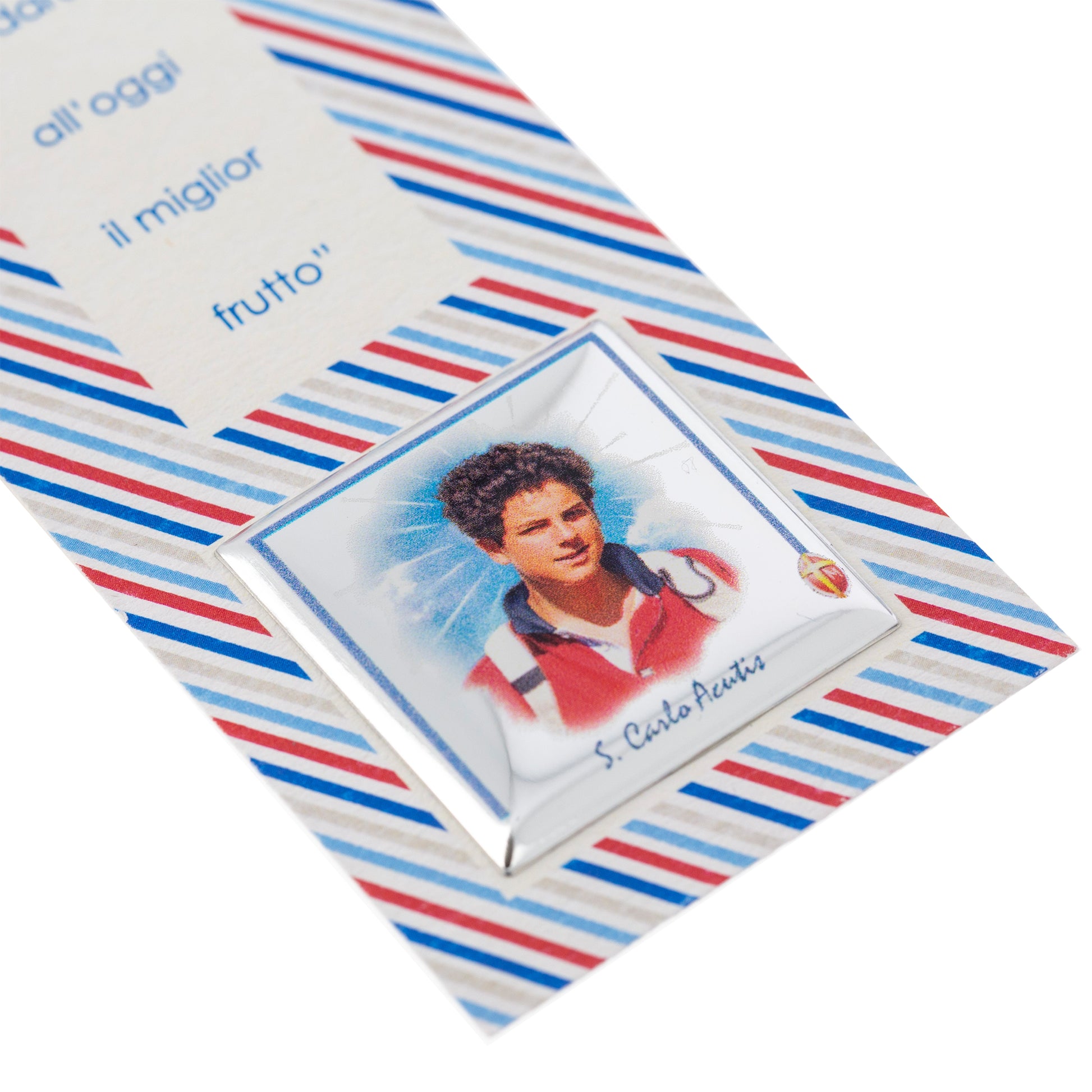 Segnalibro Carlo Acutis con targhetta in laminato argento colorata e carta semi. Dimensioni 5,5x14,7 cm