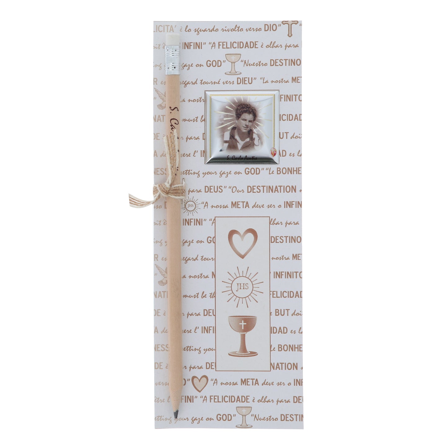Matita Carlo Acutis, confezionata con cartoncino multilingua e targhetta in laminato argento. Dimensioni 7,2x20 cm