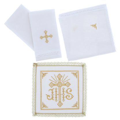 Servizio da Messa in Lino con Ricamo IHS Oro | Corredo Sacro