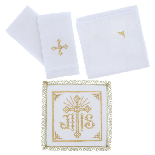 Servizio da Messa in Lino con Ricamo IHS Oro | Corredo Sacro