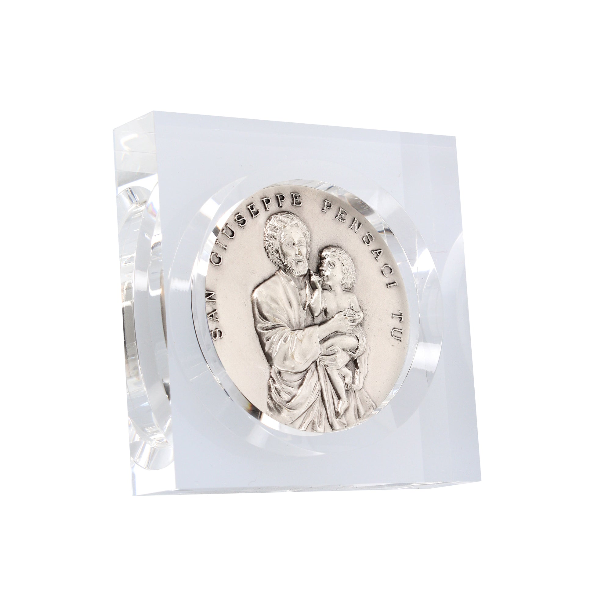 Soprammobile in plexiglass con medaglia San Giuseppe. Dimensioni 8,5x8,5 cm