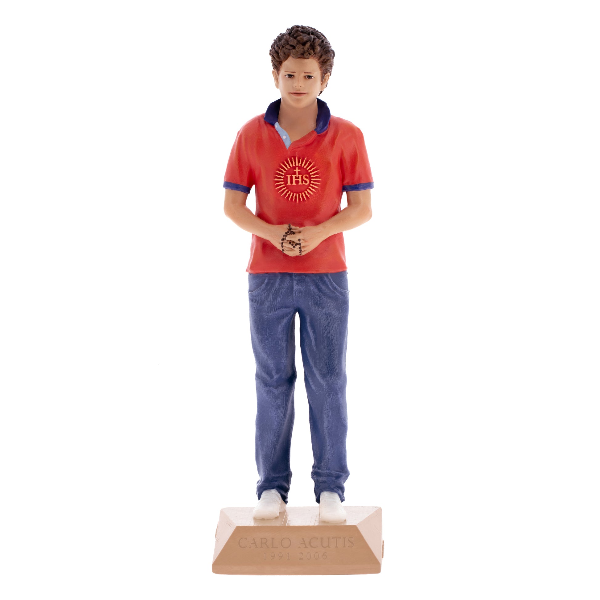 Statua San Carlo Acutis in resina colorata. Altezza 15 cm