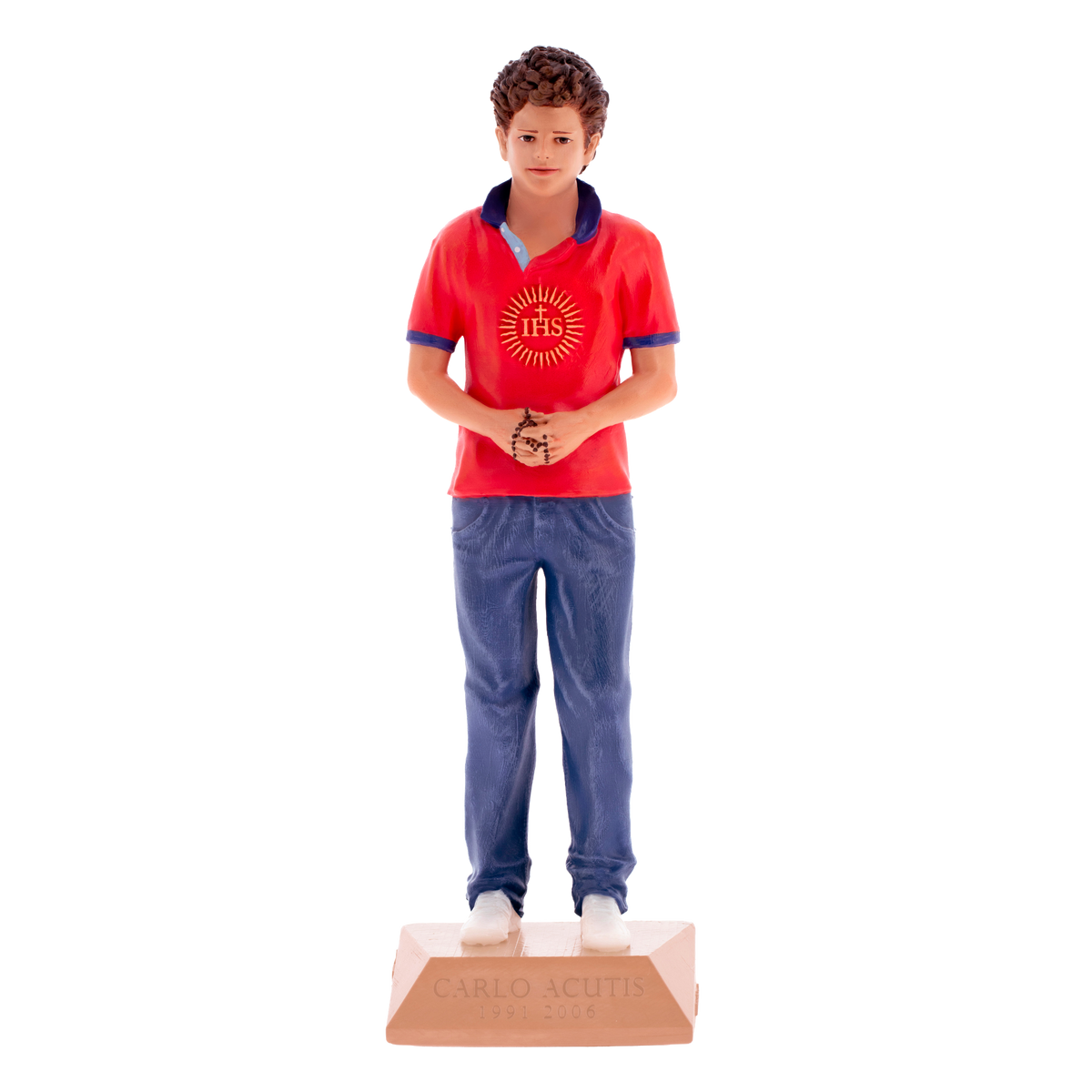 Statua San Carlo Acutis in resina colorata. Altezza 15 cm