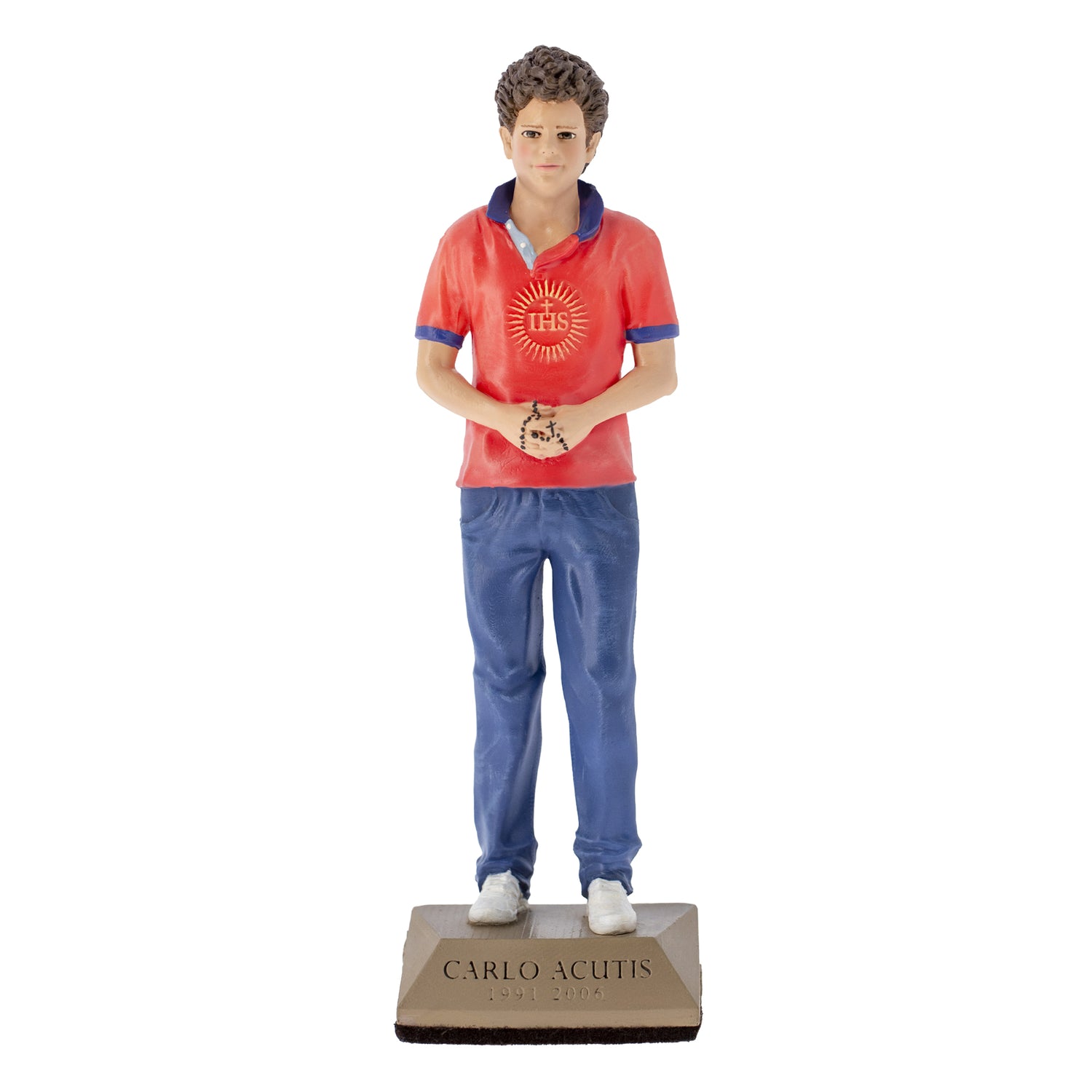 Statua San Carlo Acutis in resina colorata. Altezza 25 cm