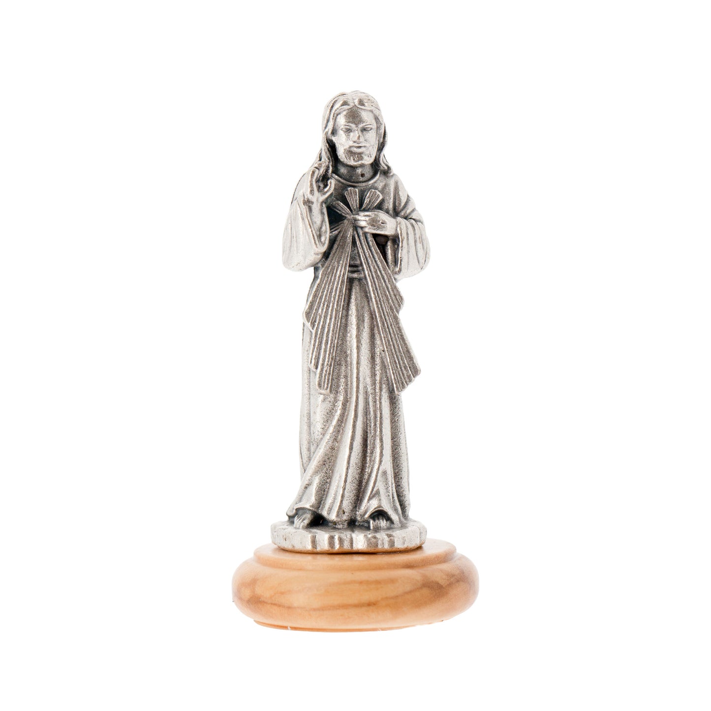 Statua Gesù Misericordioso in metallo argentato e base in legno d'ulivo. Altezza 6,5 cm
