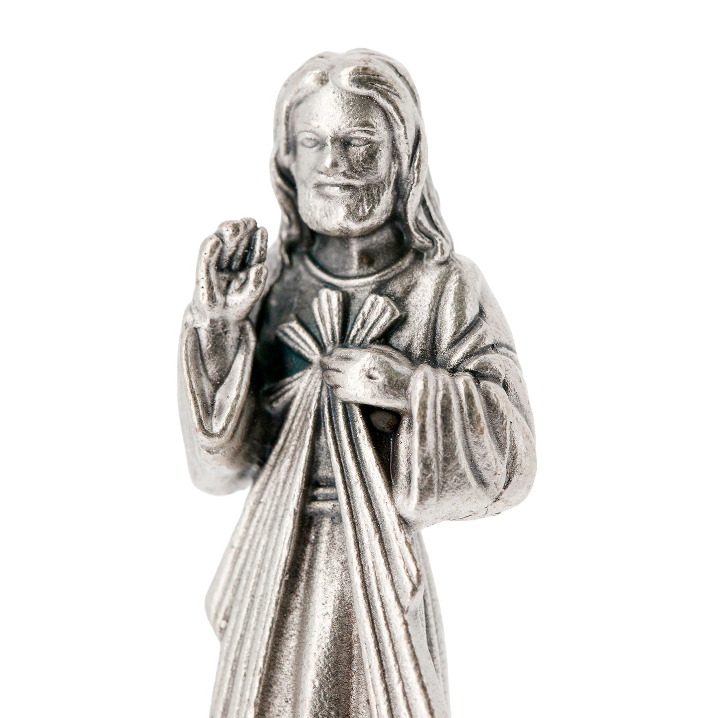 Statua Gesù Misericordioso in metallo argentato e base in legno d'ulivo. Altezza 6,5 cm
