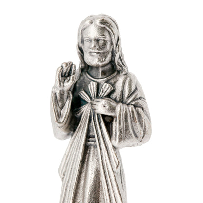 Statua Gesù Misericordioso in metallo argentato e base in legno d'ulivo. Altezza 6,5 cm

