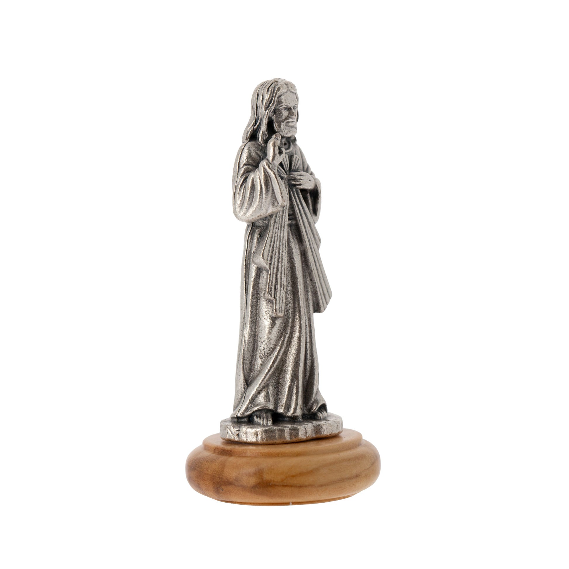 Statua Gesù Misericordioso in metallo argentato e base in legno d'ulivo. Altezza 6,5 cm
