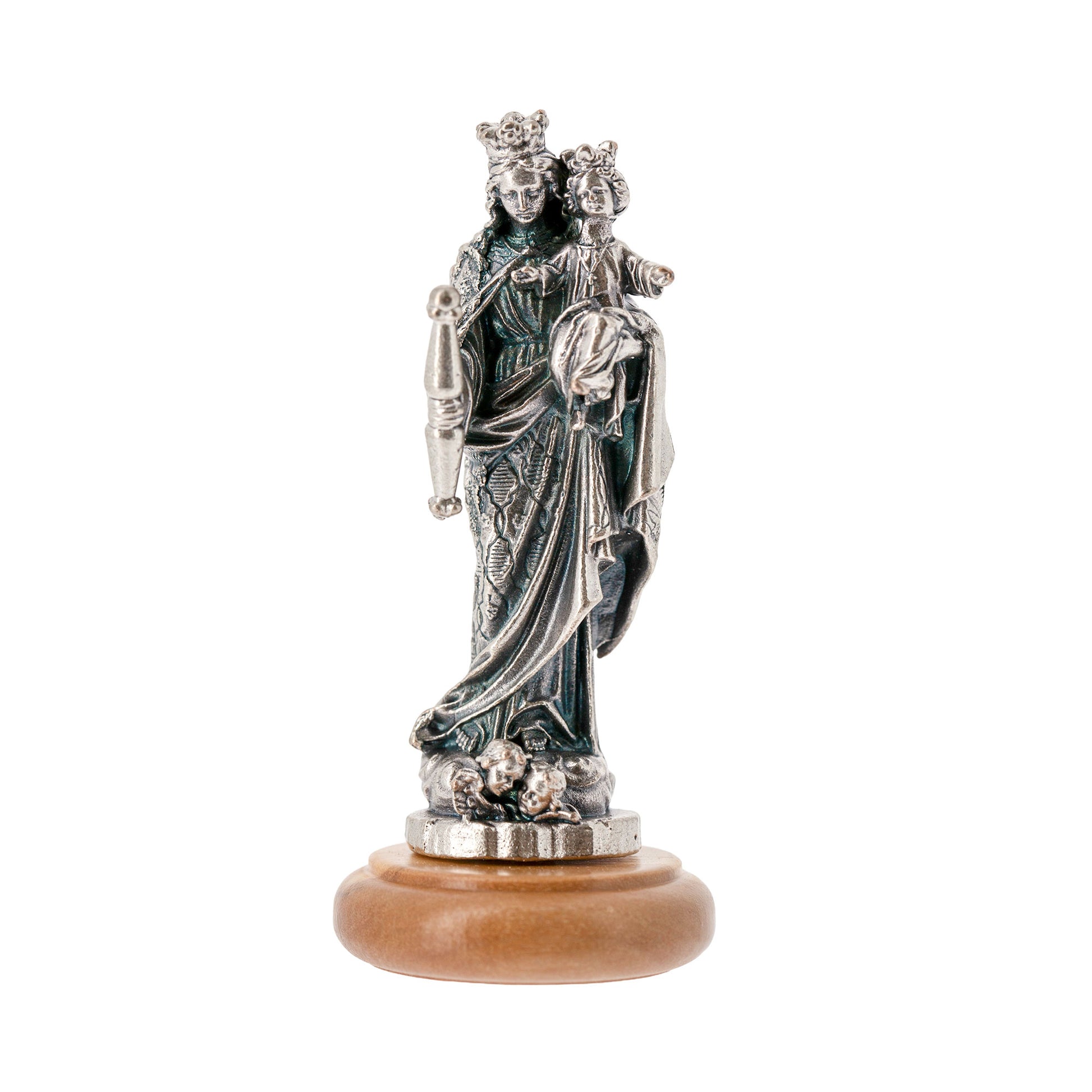 Statua Madonna Ausiliatrice in metallo argentato e base in legno d'ulivo. Altezza 6,5 cm

