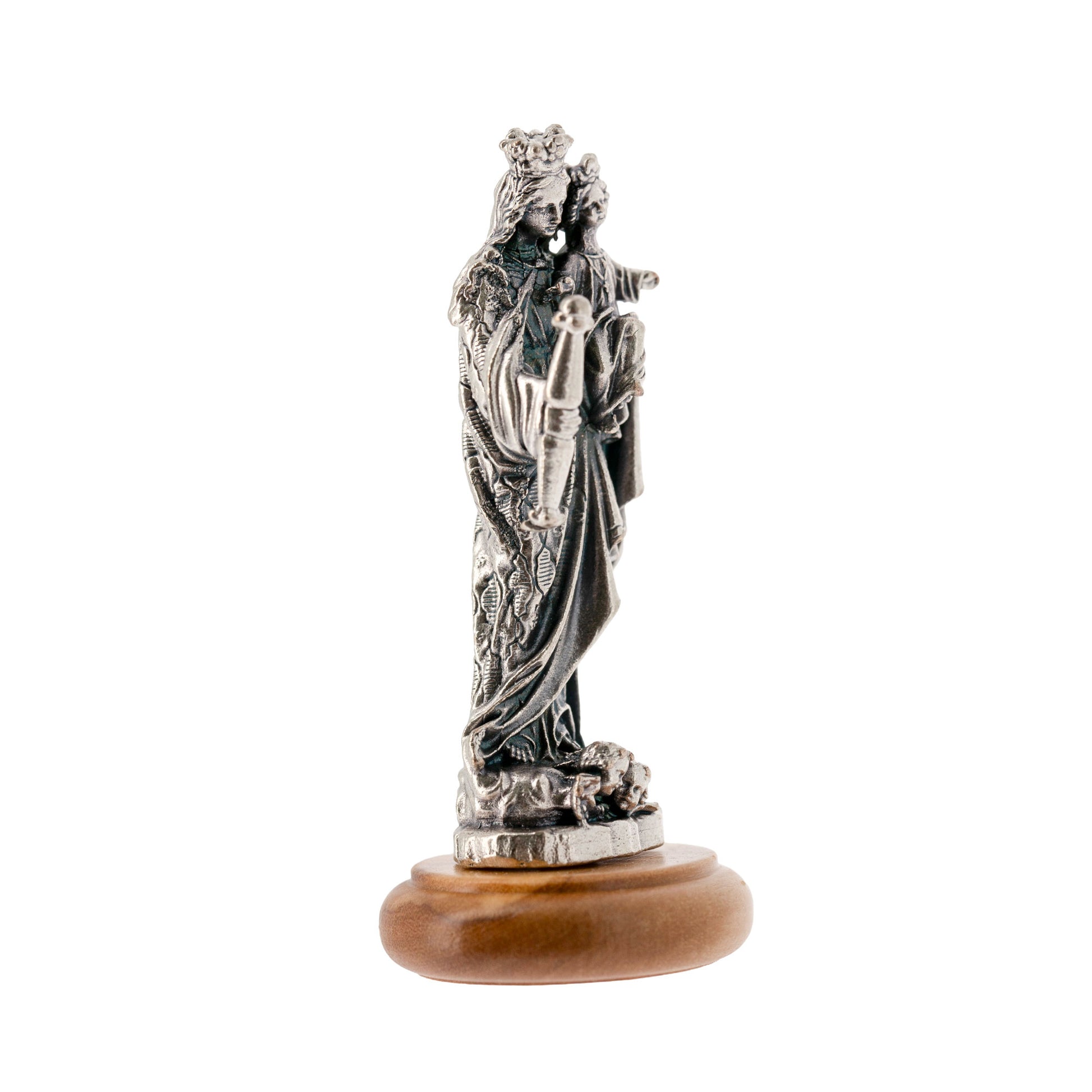 Statua Madonna Ausiliatrice in metallo argentato e base in legno d'ulivo. Altezza 6,5 cm
