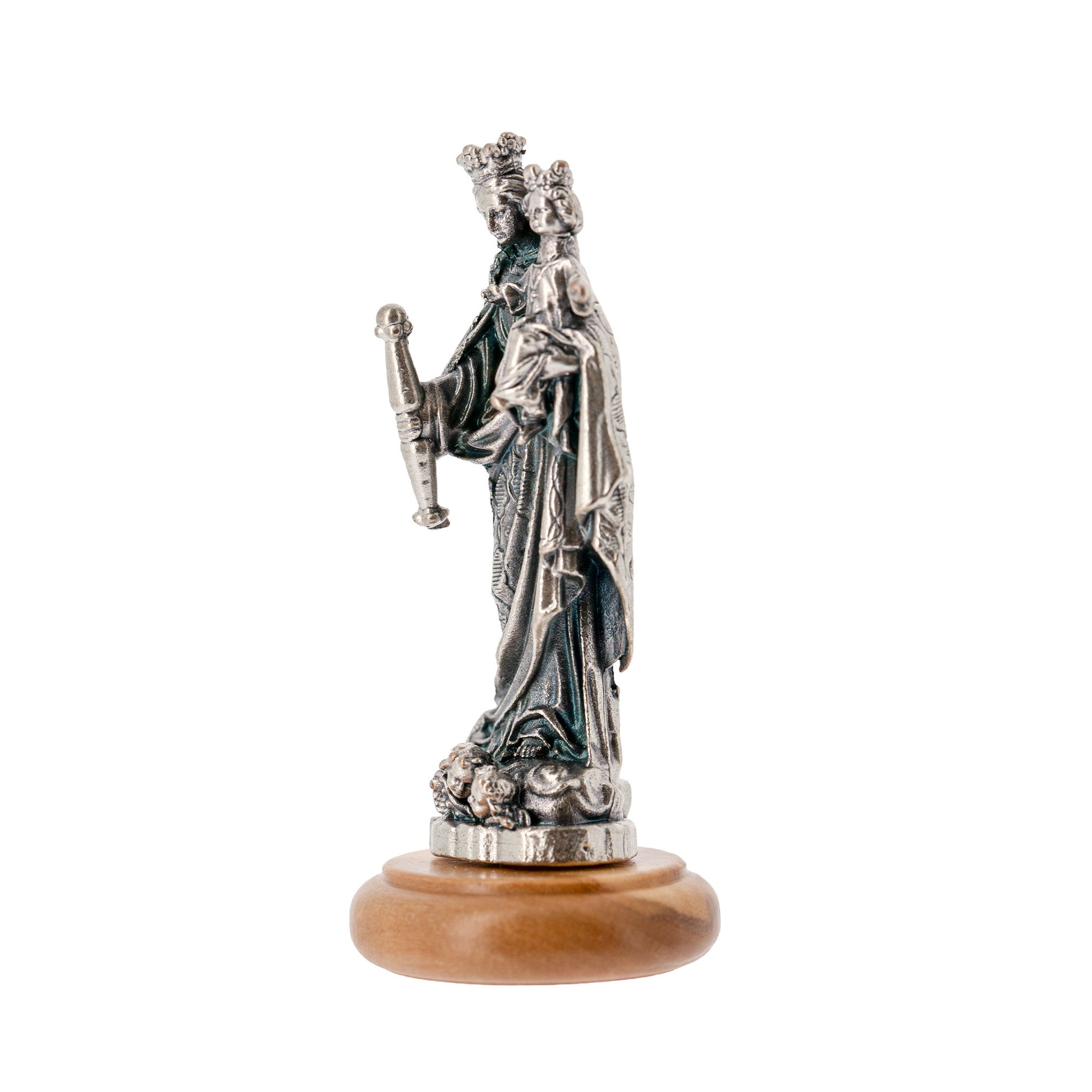 Statua Madonna Ausiliatrice in metallo argentato e base in legno d'ulivo. Altezza 6,5 cm
